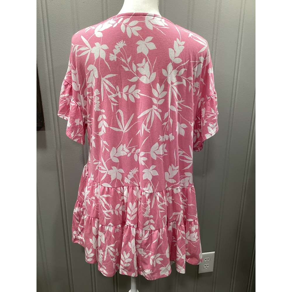 Emerald Pink White Floral Tiered Ruffle V Neck Tunic Top Womens Size L - Picture 2 of 3
